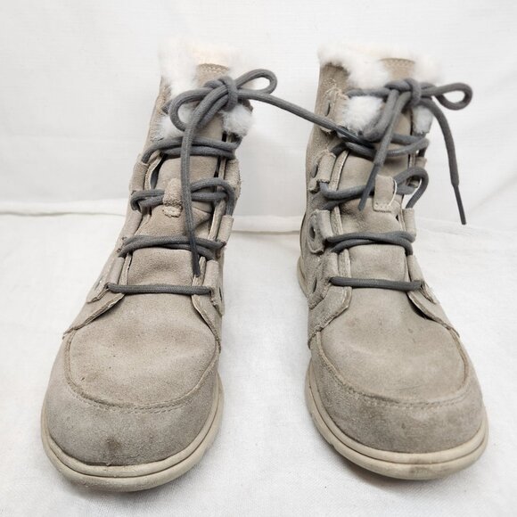 Sorel Womens 6.5 Mid Calf Suede Lace Boots Faux Fur Beige Explorer Joan Boot - Picture 3 of 11